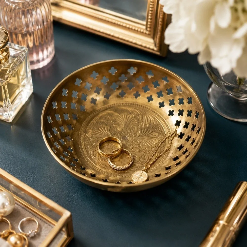 Brass Trinket Dish Pierced Engraved Hollywood Regency Vanity Farmhouse Vintage